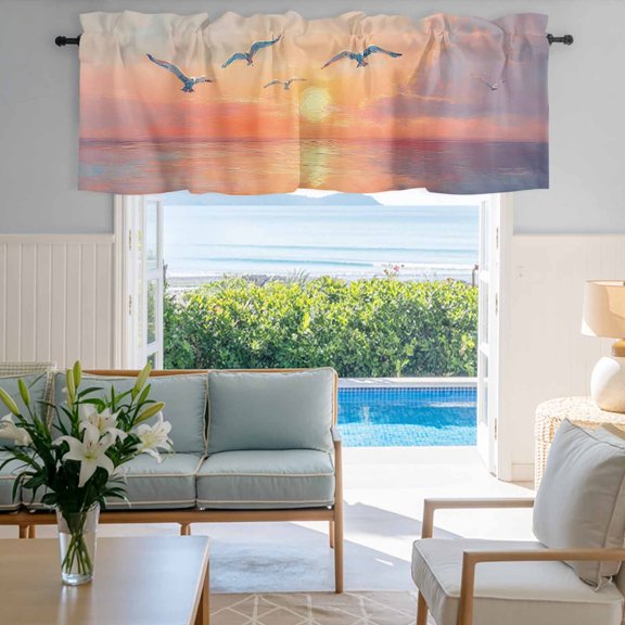 Window Valance for Kitchen,Sea ​​Bird Sunset Ocean Rod Pocket Curtain Valances Short Curtains Drapes Panel,Watercolor Oil Painting Art Window Treatment Topper for Living Room Bathroom Bedroom Home