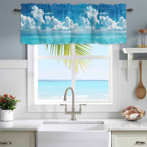 Window Valance for Kitchen,Sea Wave Blue Sky White Clouds Rod Pocket Curtain Valances Short Curtains Drapes Panel,Summer Beach Theme Window Treatment Topper for Living Room Bathroom Bedroom Home