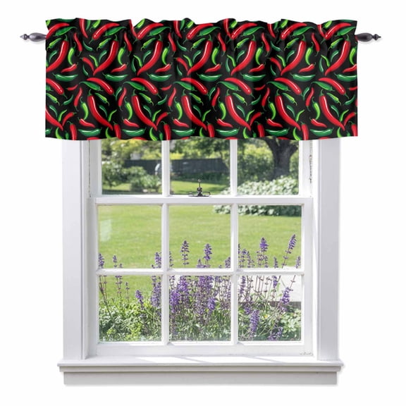 Window Valance for Kitchen, Spicy Chili Pepper Pattern Rod Pocket Curtain Valances Short Curtains Drapes Panel, Red Green Peppers on Black Window Treatment Topper for Bathroom Bedroom 54x18in
