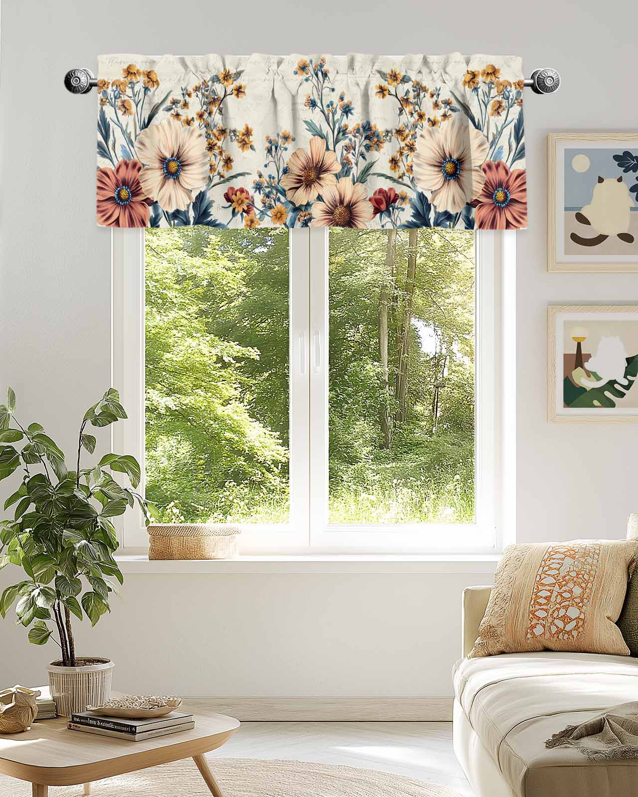 Window Valance for Kitchen, Spring Flower Blossom Floral Leaves Rod