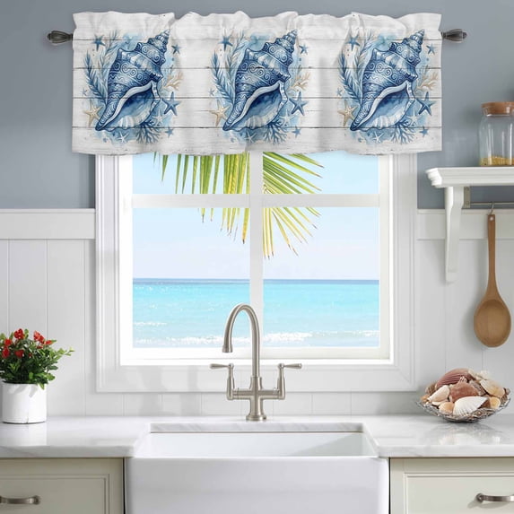 Window Valance for Kitchen,Summer Blue Sea Snails Rod Pocket Curtain Valances Short Curtains Drapes Panel,White Farm Wood Board Window Treatment Topper for Living Room Bathroom Bedroom Home Decor