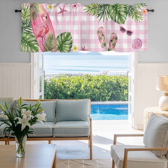 Window Valance for Kitchen,Summer Flamingo Surfboard Slipper Rod Pocket Curtain Valances Short Curtains Drapes Panel,Beach Theme Pink Plaid Window Treatment Topper for Living Room Bathroom Bedroom