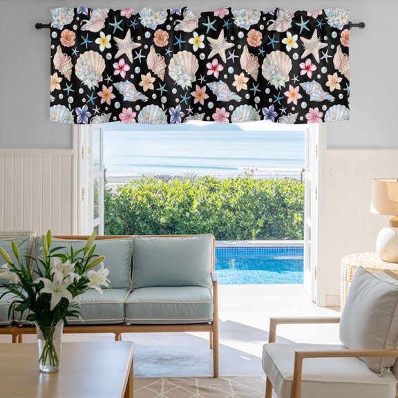 Window Valance for Kitchen,Summer Ocean Shell Rod Pocket Curtain Valances Short Curtains Drapes Panel,Marine Conch Starfish Pearl on Black Window Treatment Topper for Living Room Bathroom Bedroom