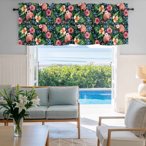 Window Valance for Kitchen,Summer Ocean Shells Flower Rod Pocket Curtain Valances Short Curtains Drapes Panel,Marine Life on Black Window Treatment Topper for Living Room Bathroom Bedroom Home Decor