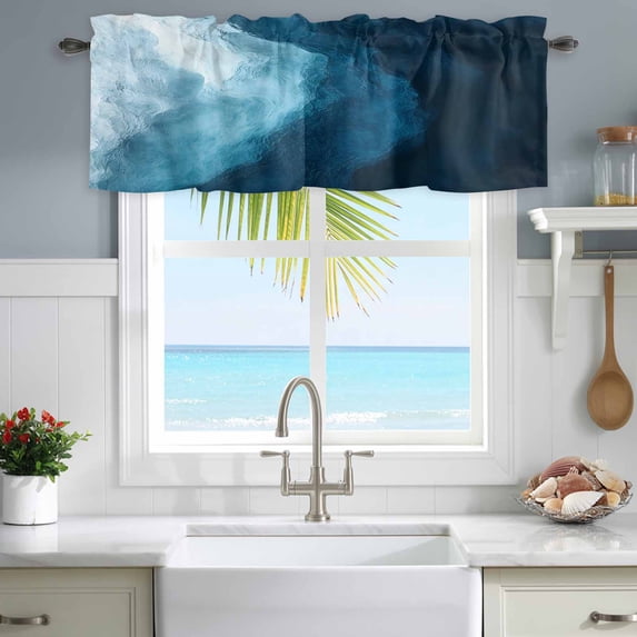 Window Valance for Kitchen,Summer Ocean Waves Watercolor Rod Pocket Curtain Valances Short Curtains Drapes Panel,Gradient Blue Wavy Window Treatment Topper for Living Room Bathroom Bedroom Home Decor