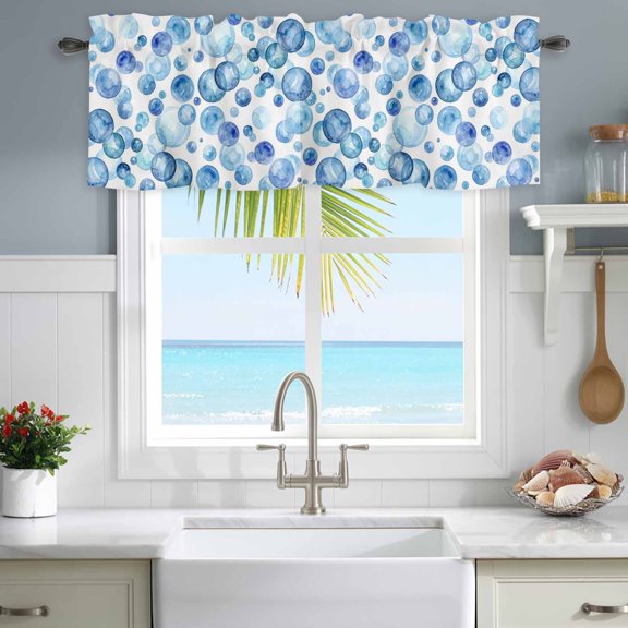 Window Valance for Kitchen,Summer Oceans Blue Bubbles Rod Pocket Curtain Valances Short Curtains Drapes Panel,Abstract Geometric Circle Window Treatment Topper for Living Room Bathroom Bedroom Home