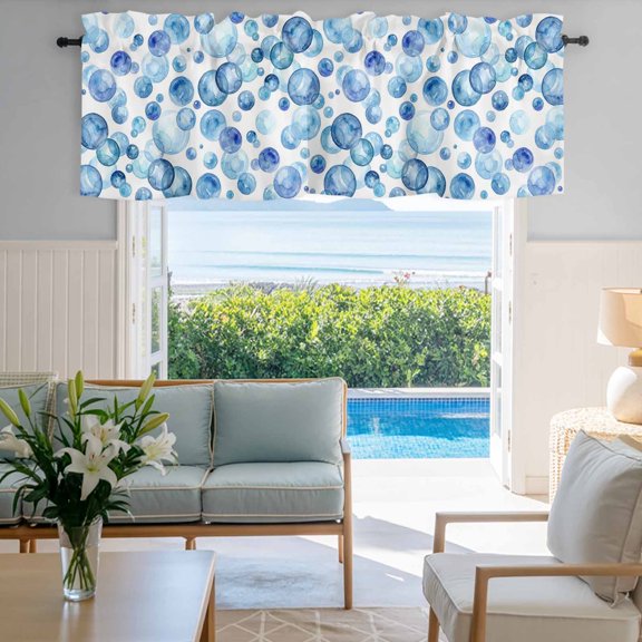 Window Valance for Kitchen,Summer Oceans Blue Bubbles Rod Pocket Curtain Valances Short Curtains Drapes Panel,Abstract Geometric Circle Window Treatment Topper for Living Room Bathroom Bedroom Home