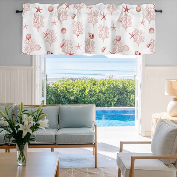 Window Valance for Kitchen,Summer Pink Sea Shells Corals Rod Pocket Curtain Valances Short Curtains Drapes Panel,Candle Sea Screws Window Treatment Topper for Living Room Bathroom Bedroom Home Decor