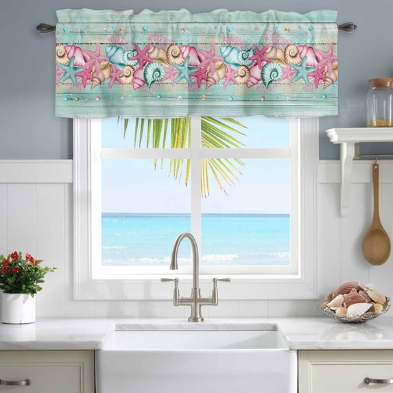 Window Valance for Kitchen,Summer Pink Starfish on Wood Board Rod Pocket Curtain Valances Short Curtains Drapes Panel,Marine Life Coral Window Treatment Topper for Living Room Bathroom Bedroom Home