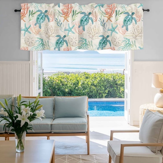 Window Valance for Kitchen,Summer Sea Turtle Starfish Coral Rod Pocket Curtain Valances Short Curtains Drapes Panel,Ocean Creature Retro Letter Window Treatment Topper for Living Room Bathroom