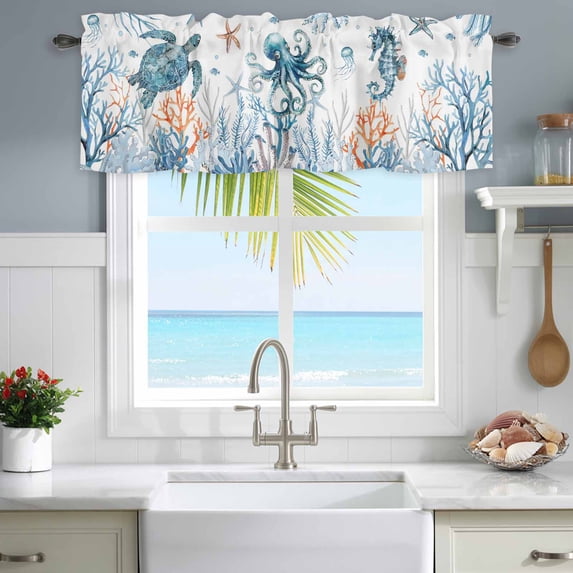 Window Valance for Kitchen,Summer Sea Turtles Eight-clawed Fish Rod Pocket Curtain Valances Short Curtains Drapes Panel,Marine Life Corals Window Treatment Topper for Living Room Bathroom Bedroom