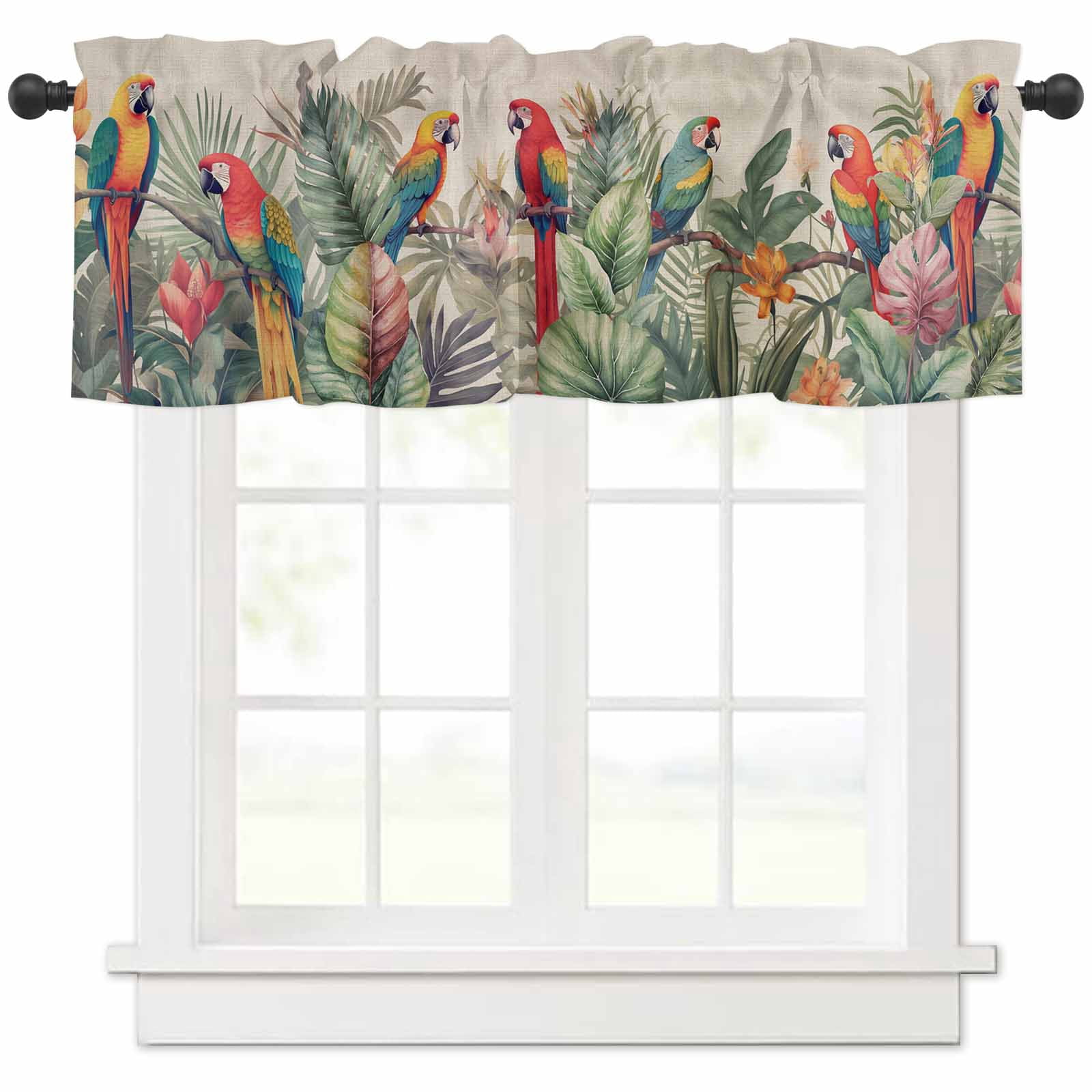 Window Valance for Kitchen,Summer Tropical Parrot Retro Linen Curtain Valances Rod Pocket Short Curtains,Watercolor Animal Plant Privacy Window Treatment for Bedroom Bathroom Living Room