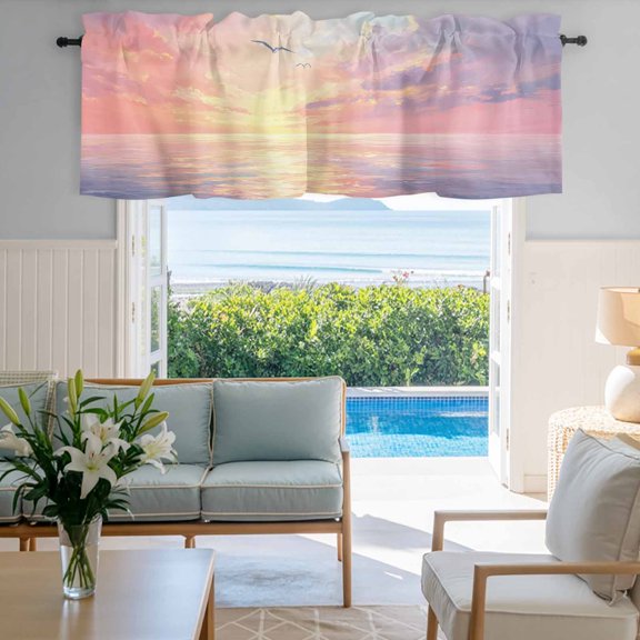 Window Valance for Kitchen,Sunset Ocean Pink Gradient Rod Pocket Curtain Valances Short Curtains Drapes Panel,Watercolor Oil Painting Art Window Treatment Topper for Living Room Bathroom Bedroom Home