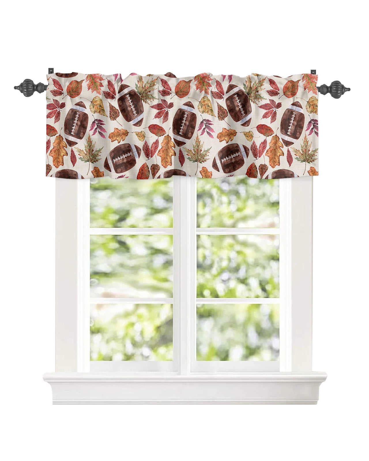 Window Valance for Kitchen, Thanksgiving Day Fall Footballs Maple