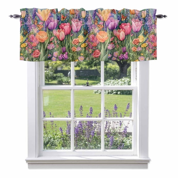 Window Valance for Kitchen, Tulips Lavender Peony Butterfly Flower Rod Pocket Short Curtain for Small Windows, Light Filtering Decorative Valance, 54 x 18 Inch, 1 Panel