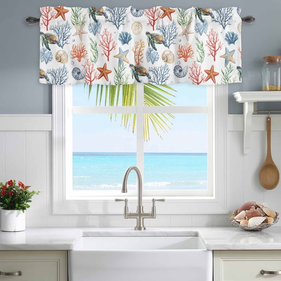 Window Valance for Kitchen,Underwater Ocean Coral Starfish Rod Pocket Curtain Valances Short Curtains Drapes Panel,Sea Turtle Shell Conch Pearl Window Treatment Topper for Living Room Bathroom