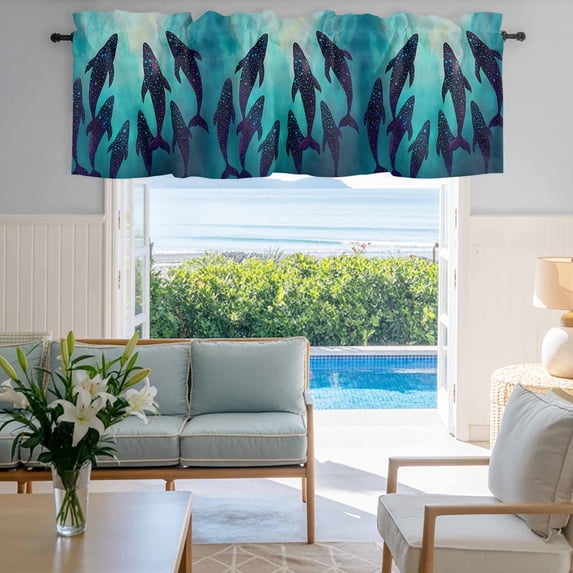 Window Valance for Kitchen,Underwater Ocean Whale Polka Dot Rod Pocket Curtain Valances Short Curtains Drapes Panel,Watercolor Marine Life Window Treatment Topper for Living Room Bathroom Bedroom
