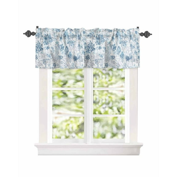 Window Valance for Kitchen,Vintage Blue Maple Pine on White Rod Pocket Curtain Valances Short Curtains Drapes Panel,Watercolor Botanical Window Treatment Topper for Bedroom,60x18IN