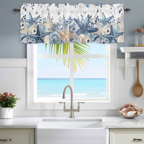Window Valance for Kitchen,Watercolor Blue Flower Leaf Rod Pocket Curtain Valances Short Curtains Drapes Panel,Coastal Ocean Starfish Coral Window Treatment Topper for Living Room Bathroom Bedroom