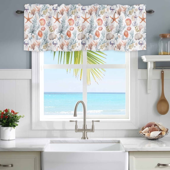 Window Valance for Kitchen,Watercolor Marine Life Rod Pocket Curtain Valances Short Curtains Drapes Panel,Starfish Jellyfish Coral Shell Window Treatment Topper for Living Room Bathroom Bedroom Home