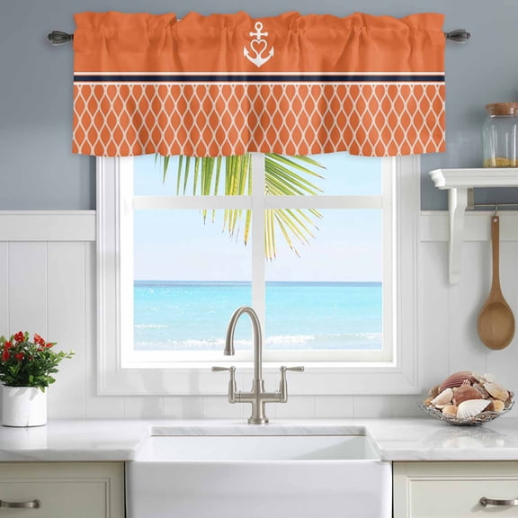 Window Valance for Kitchen,White Nautical Anchor Orange Theme Rod Pocket Curtain Valances Short Curtains Drapes Panel,Morocco Geometric Stripe Window Treatment Topper for Living Room Bathroom Bedroom