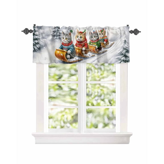 Window Valance for Kitchen,Winter Christmas Cat Sleigh Snow Scene Rod Pocket Curtain Valances Short Curtains Drapes Panel,Cute Animal Window Treatment Topper for Bathroom Bedroom,60x18IN
