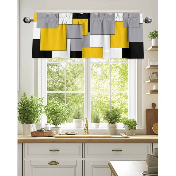 Curtain Valance for Windows,Yellow Color Block Abstract Geometric Kitchen Valances Rod Pocket Short Curtains,Black Plaid Collage Art Window Treatment Panel for Bedroom Bathroom 54"x18"