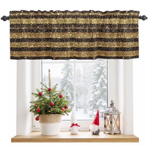 Window Valance for Kitchen, Yellow Gold Glitter Black Stripes Rod Pocket Curtain Valances Short Curtains Drapes Panel, Vertical Lines Window Treatment Topper for Living Room Bathroom Bedroom 42x12in