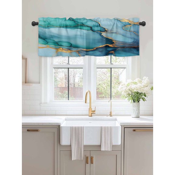 Window Valance Marble Water Ripple Teal Gradient Kitchen Curtains Short Rod Pocket Valances Gold Foil Abstract Style Window Treatment Drapes for Living Room Bedroom Bathroom Decor,54x18in