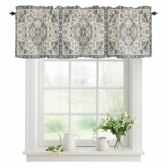 Window Valance Middle Eastern Floral Rod Pocket Kitchen Valance Curtain Vintage Ethnic Pattern Short Curtain Topper for Bathroom, Bedroom and Living Room Decor 42x12in