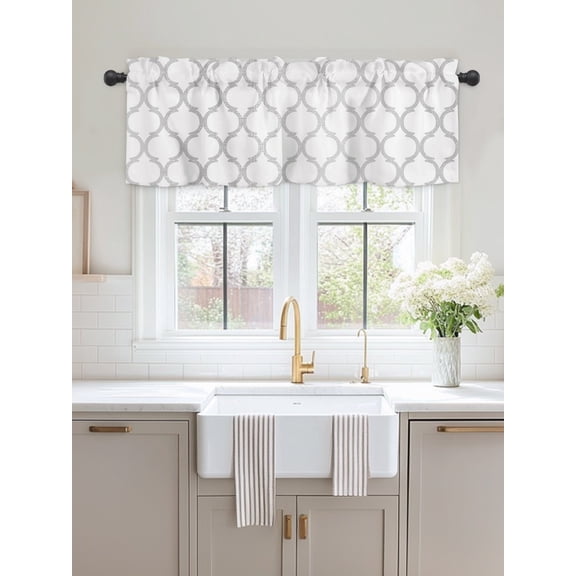Window Valance Modern Moroccan Geometric Pattern Kitchen Curtains Short Rod Pocket Valances White Grey Theme Window Treatment Drapes for Living Room Bedroom Bathroom Decor,54x18in
