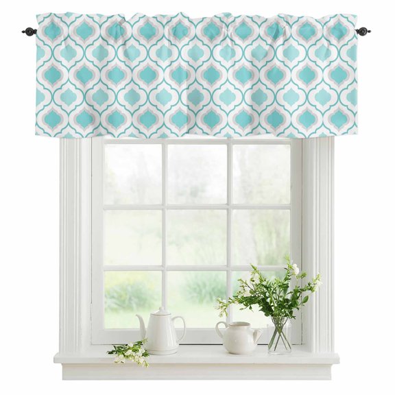 Window Valance Moroccan Pattern Rod Pocket Kitchen Valance Curtain Cyan Geometric Trellis Short Curtain Topper for Bathroom, Bedroom and Living Room Decor 42x12in