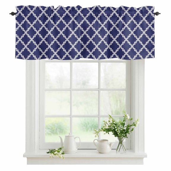 Window Valance Moroccan Pattern Rod Pocket Kitchen Valance Curtain Geometric Trellis Navy Blue Short Curtain Topper for Bathroom, Bedroom and Living Room Decor 42x12in