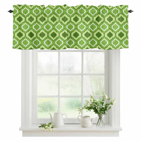 Window Valance Moroccan Pattern Rod Pocket Kitchen Valance Curtain Green Geometric Trellis Short Curtain Topper for Bathroom, Bedroom and Living Room Decor 42x12in