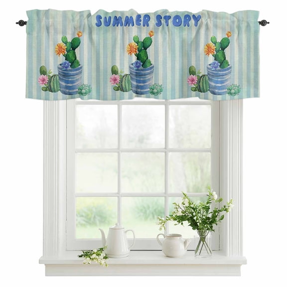 Window Valance Oasis Cactus Summer Rod Pocket Kitchen Valance Curtain Succulent Flower Green Stripes Short Curtain Topper for Bathroom, Bedroom and Living Room Decor 42x12in