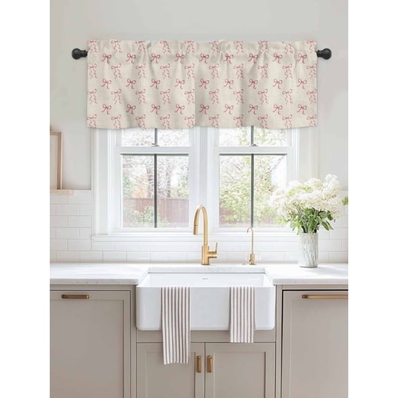 Window Valance Pink Bow Seamless Kitchen Curtains Short Rod Pocket Valances Retro Linen Country Style Window Treatment Drapes for Living Room Bedroom Bathroom Decor,54x18in