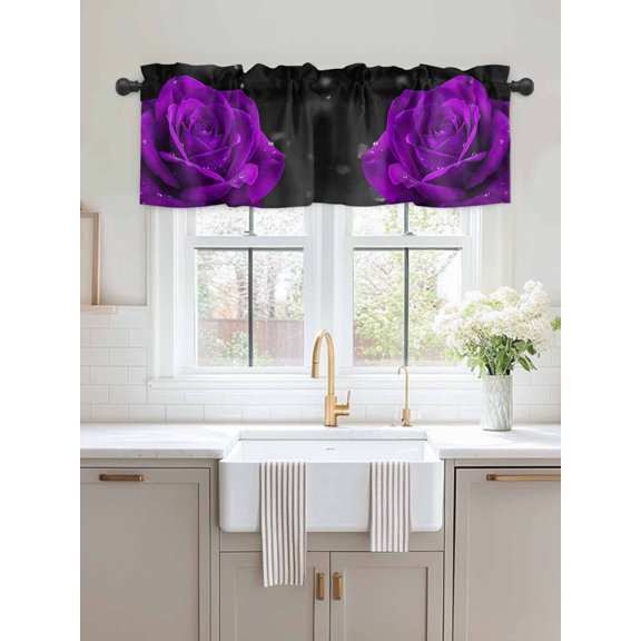Window Valance Purple Rose Flower on Black Kitchen Curtains Short Rod Pocket Valances Floral Close-up Water Droplets Window Treatment Drapes for Living Room Bedroom Bathroom Decor,54x18in
