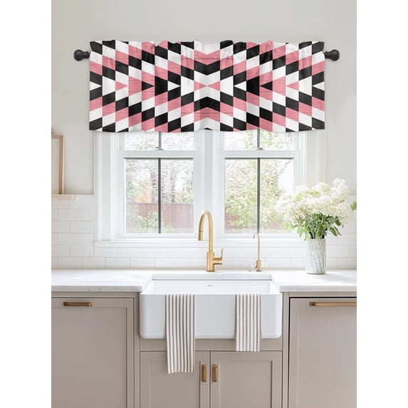 Vlanace Window Valance Retro Black Pink Geometric Kitchen Curtains Short Rod ...
