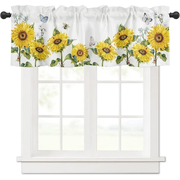 Window Valance Rod Pocket Panel for Kitchen Bedroom Window Watercolor Yellow Sunflowers and Butterflies Valances Short Curtain Bathroom Treatment Drapes White