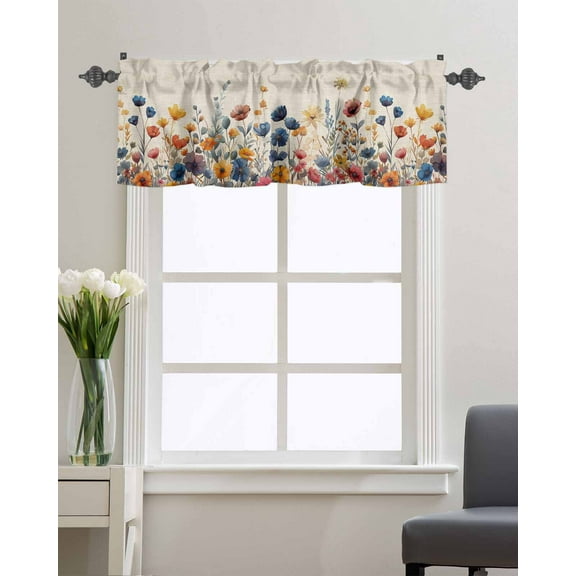Window Valance Rod Pocket Short Curtain Panel Country Floral Plant Vintage Linen Valances for Kitchen Windows,Watercolor Wildflowers Curtain Valance Drapes for Bedroom Bathroom 54x18in