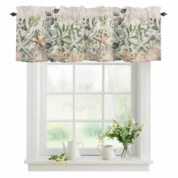 Window Valance Sage Green Eucalyptus Leaves Rod Pocket Kitchen Valance Curtain Starfish Retro Short Curtain Topper for Bathroom, Bedroom and Living Room Decor 42x12in