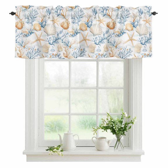 Window Valance Shell Starfish Coral Rod Pocket Kitchen Valance Curtain Marine Life Short Curtain Topper for Bathroom, Bedroom and Living Room Decor 42x12in