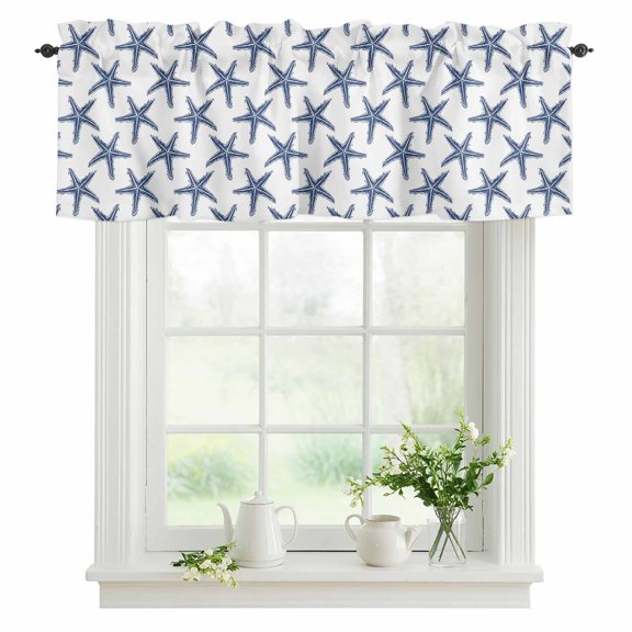Window Valance Summer Starfish Rod Pocket Kitchen Valance Curtain Beach Navy Blue Short Curtain Topper for Bathroom, Bedroom and Living Room Decor 42x12in