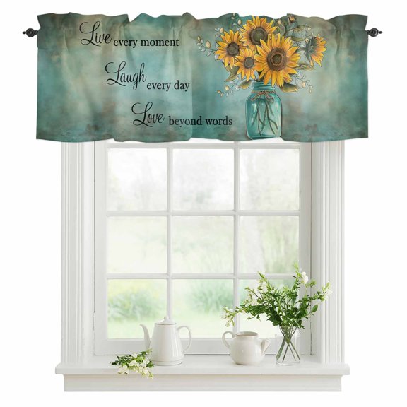 Window Valance Sunflower Retro Floral Rod Pocket Kitchen Valance Curtain Plant Leaves Vase Short Curtain Topper for Bathroom, Bedroom and Living Room Decor 42x12in