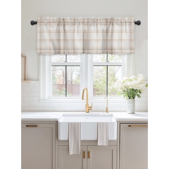 Window Valance Vintage Tartan Rustic Minimalist Kitchen Curtains Short Rod Pocket Valances Modern Beige Plaid Window Treatment Drapes for Living Room Bedroom Bathroom Decor,54x18in