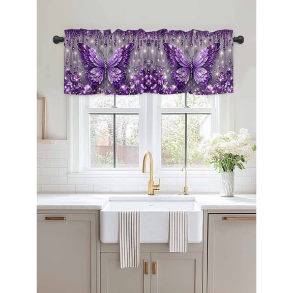 Window Valance Watercolor Purple Butterfly Kitchen Curtains Short Rod Pocket Valances Hanging Jewels Pattern Window Treatment Drapes for Living Room Bedroom Bathroom Decor,54x18in