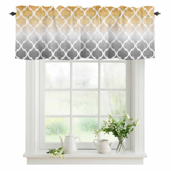 Window Valance Yellow and Grey Rod Pocket Kitchen Valance Curtain Ombre Gradient Morocco Pattern Short Curtain Topper for Bathroom, Bedroom and Living Room Decor 42x12in