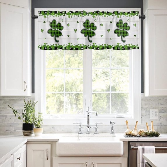 Window Valances Kitchen Short Curtains St. Patrick''s Day Lucky Clover Shamrock Green Plaid Barn Wood Rod Pocket Curtain Valance Decorative Window Treatment for Living Room Bedroom Bathroom, W54xL18