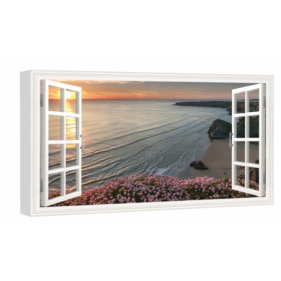 Window View of Beautiful Beach Horizon Canvs Art Fake Open Window Wall Art Beautiful Beach Horizon Framed Painting For Livingroom Office Bedroom Ready to Hang