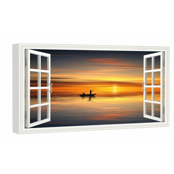 Window View of Boat Ocean Sunset Landscape Canvs Art Fake Open Window Wall Art Boat Ocean Sunset Landscape Framed Painting For Livingroom Office Bedroom Ready to Hang